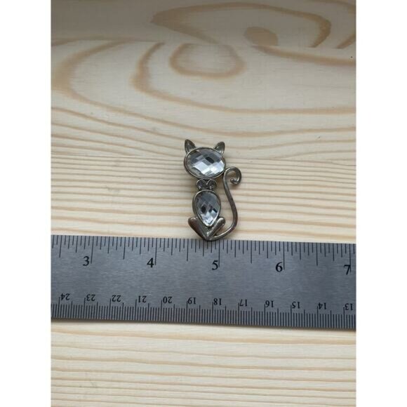 Cat-Shaped Rhinestone Brooch Pin Silver-Tone Metal Crystal Accents - Picture 3 of 4